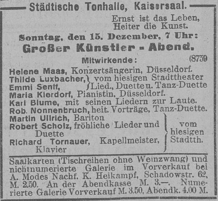 Karl Blume, Großer Künstlerabend, Städtische Tonhalle Düsseldorf 15.12.1918