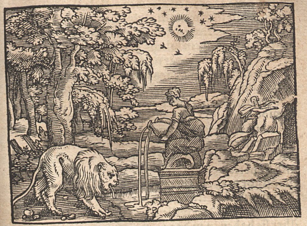 Virgil Solis: Pyramus und Thisbe (Holzschnitt von 1564). Das Grabmal des Ninus mit dem Maulbeerbaum.