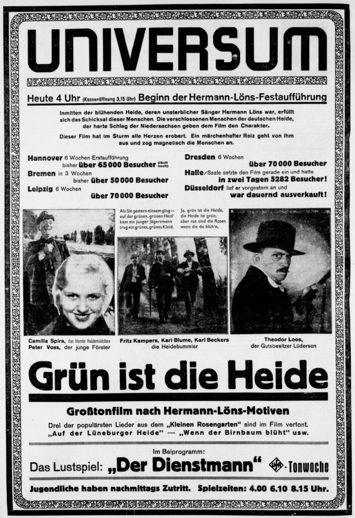 "Grün ist die Heide", Hermann-Löns-Festaufführung, ganzseitige Anzeige aus Bielefeld (14.1.1933)