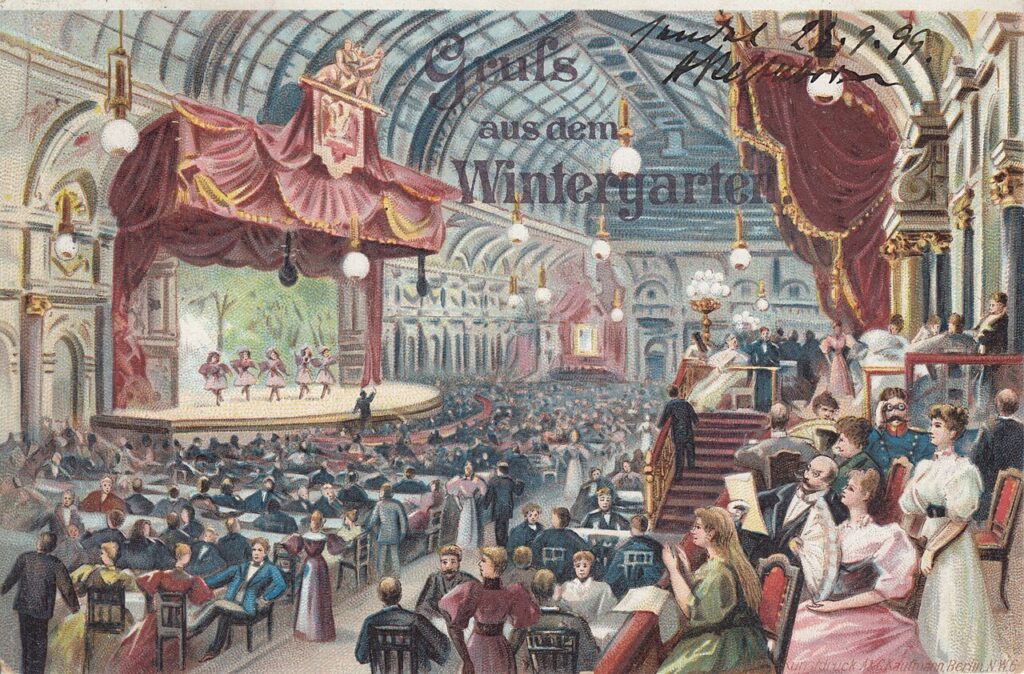 Der „Wintergarten“ des Central-Hotels in der Friedrichstraße (Postkarte von 1899). Quelle: Wikipedia.