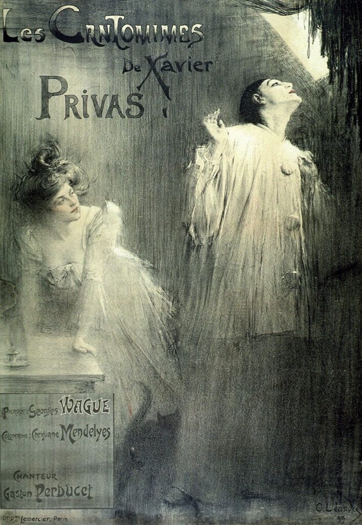 Plakat für die Cantomimes der Roulotte mit einer Szene aus Pierrot infidèle.