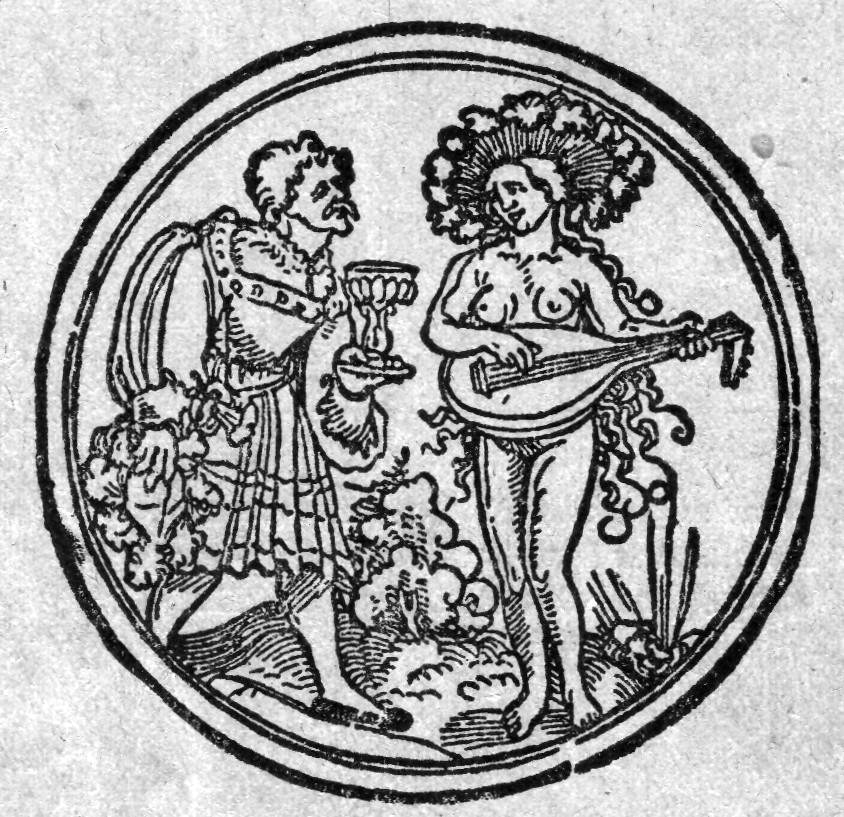 Renaissance als Kostüm: Lautenspielerin und Mann mit Kelch. Kupferstich aus dem 16. Jahrhundert. (Elsa Laura v. Wolzogen, 100 Volkslieder, Vignette)